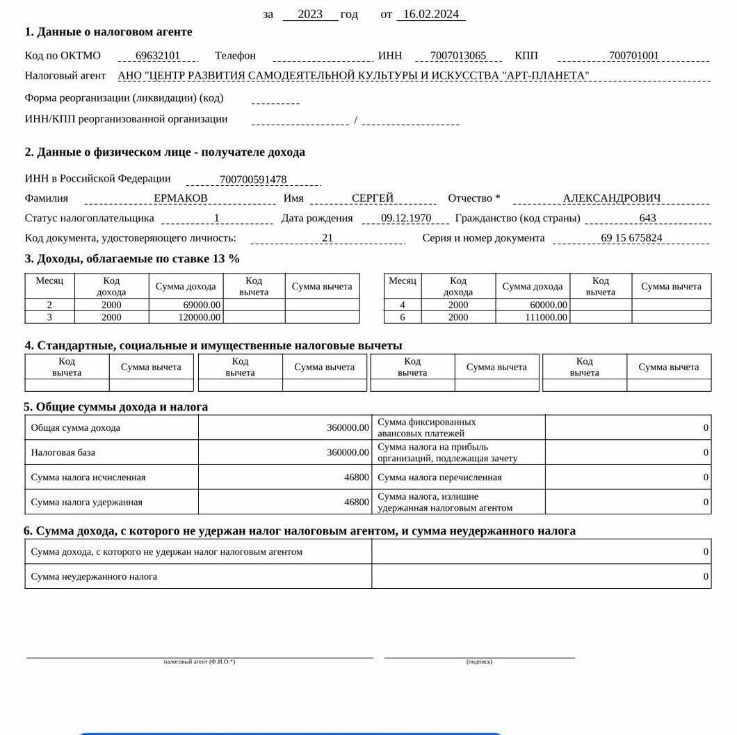 Сведения о доходах директора АНО Ермакова С.А.